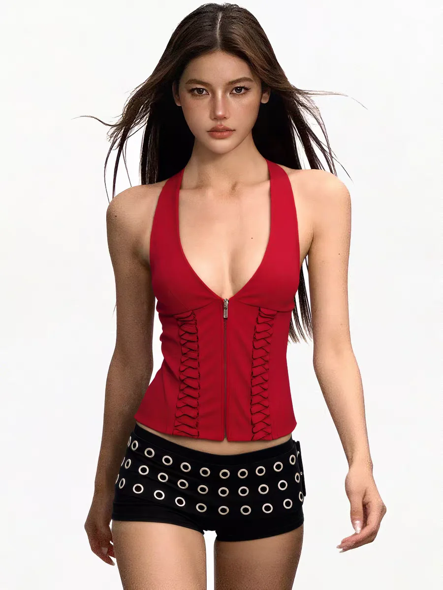 Sommerliches Neckholder-Top, rückenfreies Cami-Top für Damen, ärmellose Weste mit tiefem V-Ausschnitt, schmal geschnittenes Camisole-Top zum Ausgehen