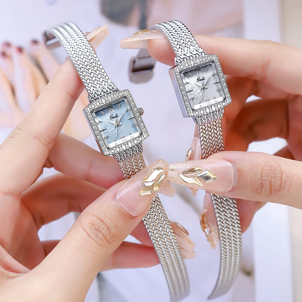 GEDI Elegant Women Square Watches Luxury Waterproof Fritillary Dial Diamond Ladies Wristwatch Braided Stainless Steel Strap