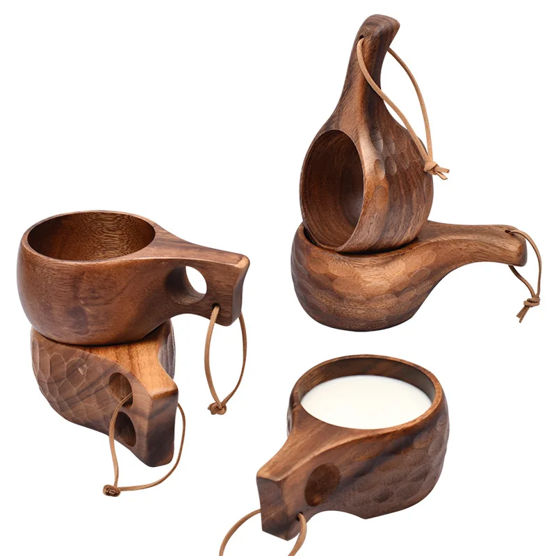 Portable Coffee Mug with Acacia-Wood Handle, Cowhide Rope Hook, Juice Milk Cup, Drinking Cup, Drinkware Mugs, Kuksa