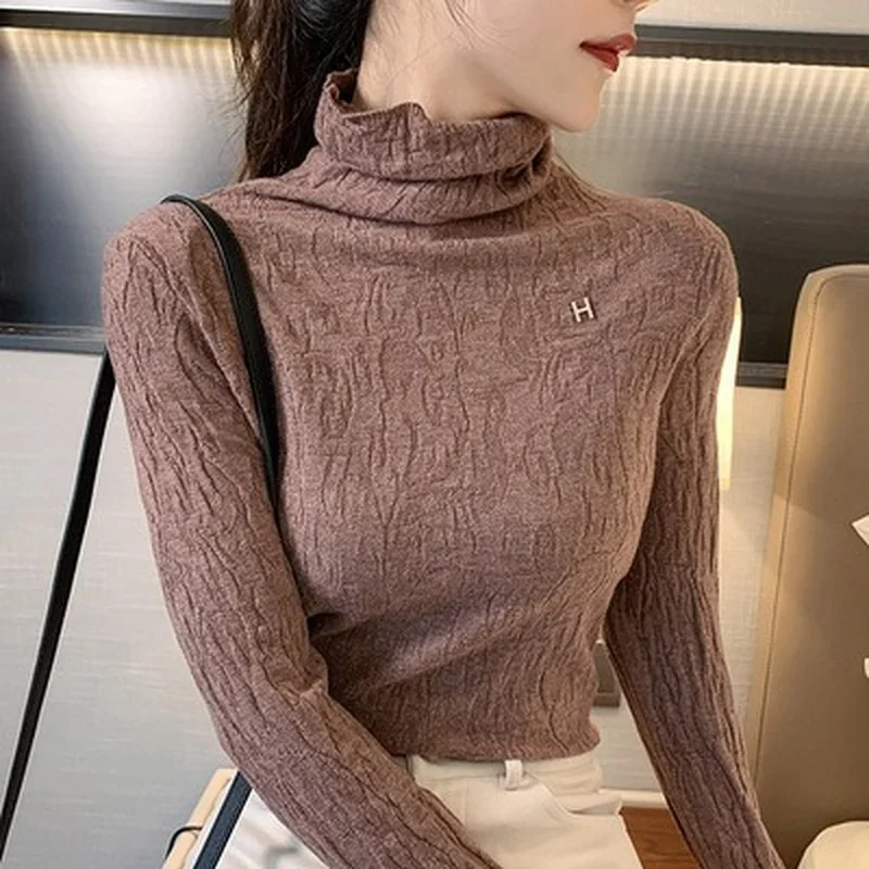 Christmas Frilly Sweater Thin All-match Pullover Full Sleeve Turtleneck Elegant Solid Casual Elastic 2023 New Autumn Korean Tops