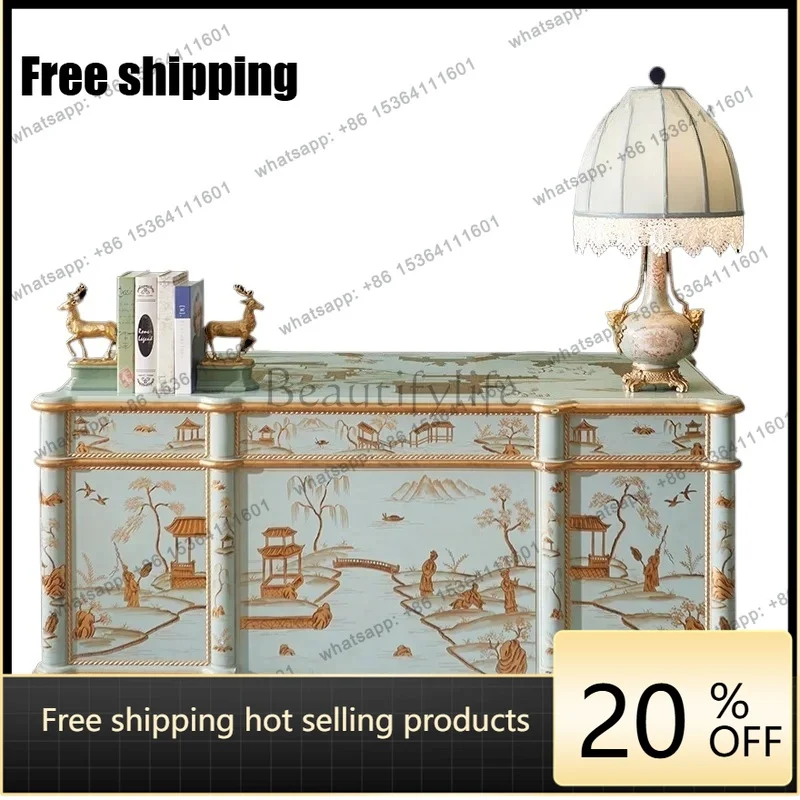 zj. Hand-painted Desk European Solid Wood Writing Desk Luxury Desk High-end Hand-painted Book Chair