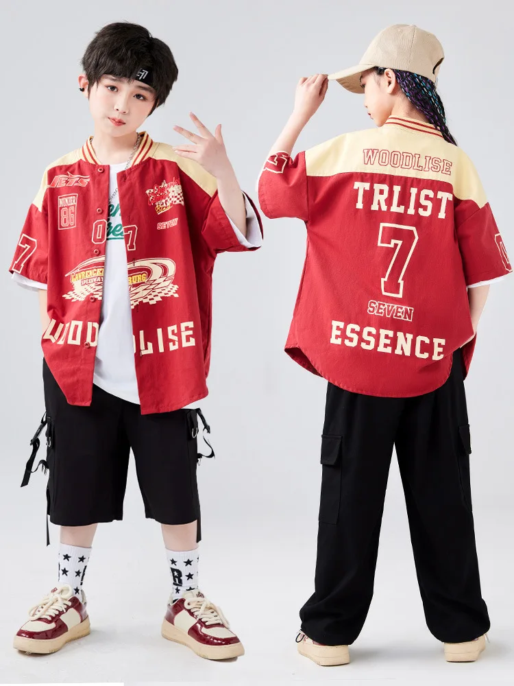 Kid Hip Hop Clothing Wine Red Baseball Racing Shirt Top Black Casual Cargo Pants Shorts for Girl Boy Jazz Dance Costume Clothes