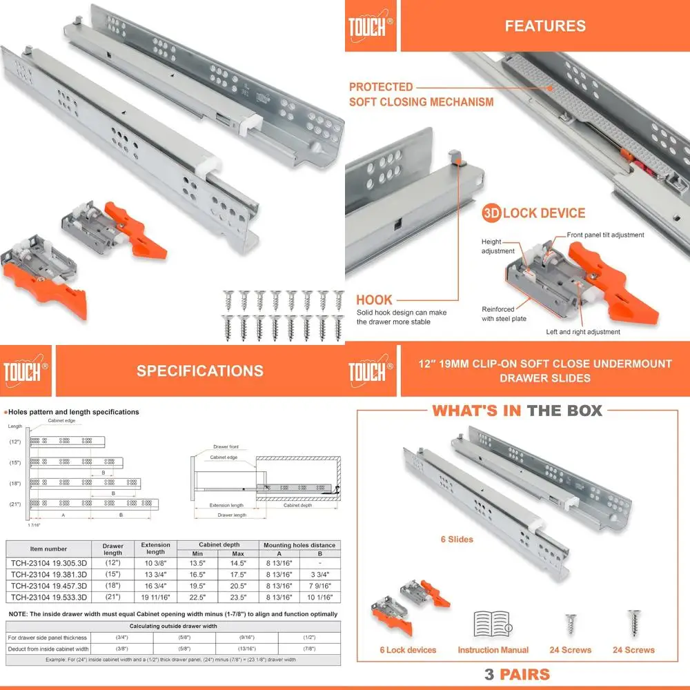 

Self-Closing Soft Close Drawer Slides, 3 Pairs, 12 Inch, 305mm, Concealed Under-Mount, Full Extension Glides for Bottom Drawers