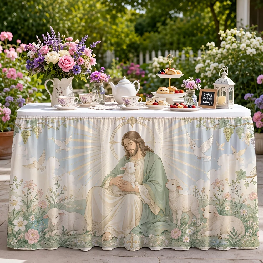 1 tablecloth table skirt, religious garden theme, lamb vine flower, angel, Bible venue event, wedding decoration