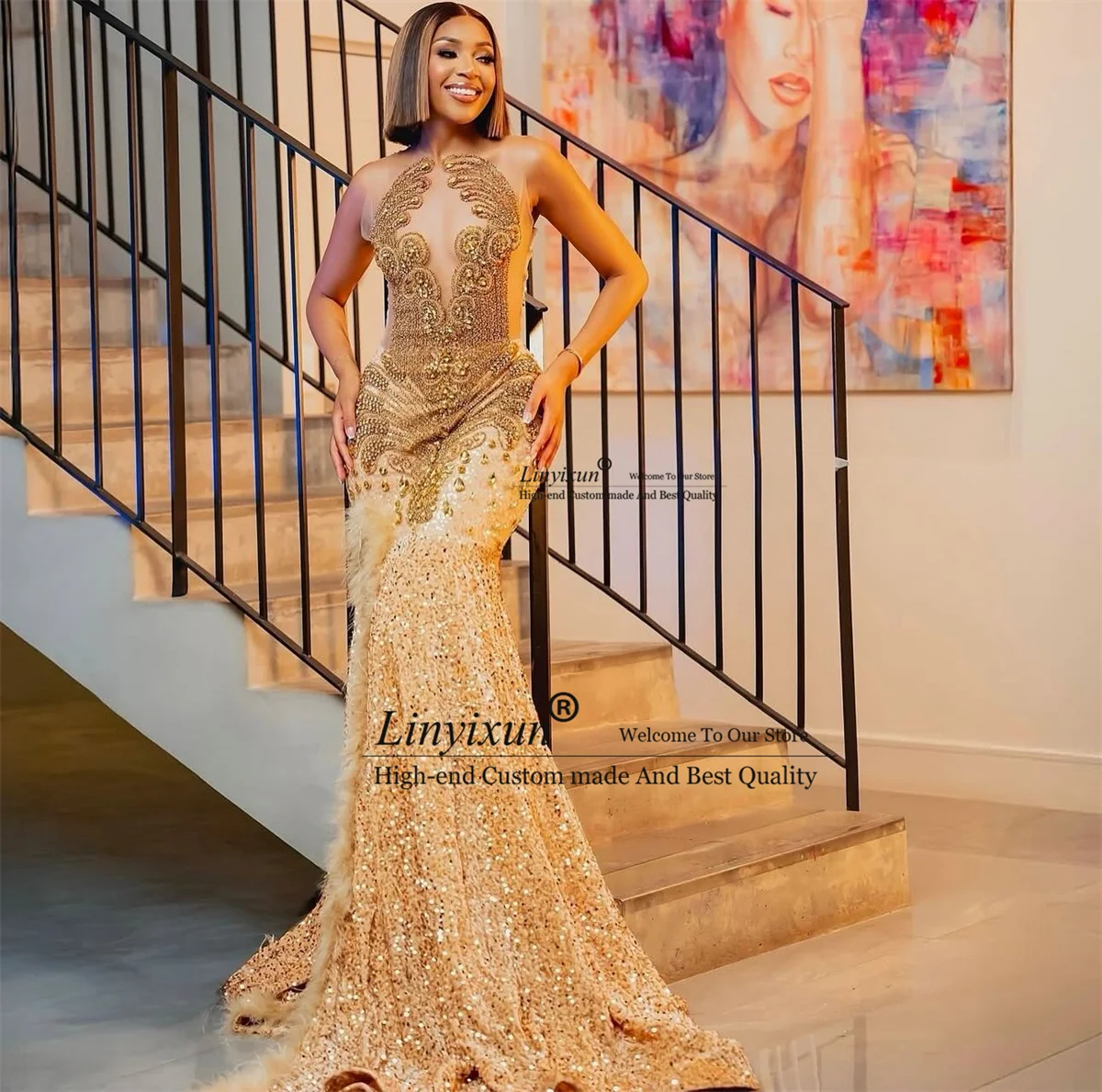 

Блестящие платья для выпускного вечера с пайетками и стразами, индивидуальный пошив, в стиле асо-эби, для темнокожих девушек, вечернее платье-русалка, сексуальное с разрезом, с перьями, для вечеринок, робе де сорье