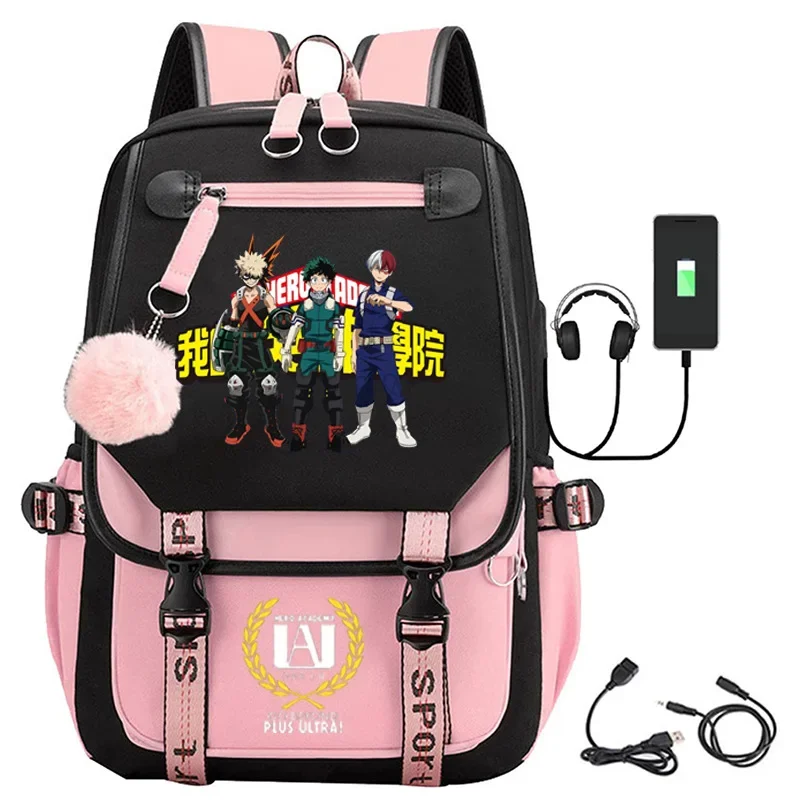 Nylon Anime Backpack with USB Port, Sacos de Viagem, Livro de Escola, Estudante, Laptop, Casual, Grande Messenger Bag, My Hero Academia, Bakugou