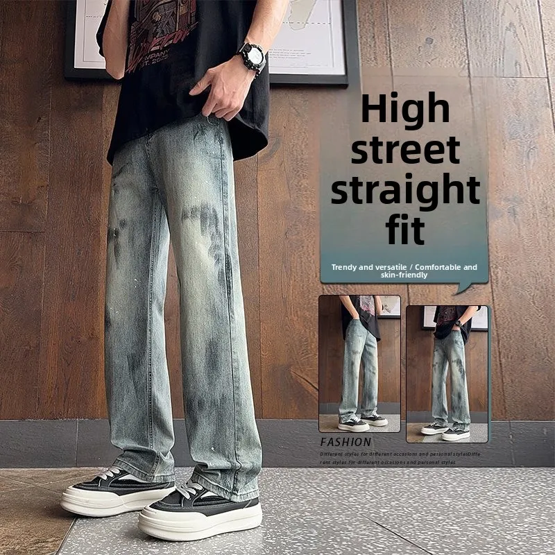 

Men's Distressed Ink Splatter Denim Jeans mid Waist Loose Straight Leg American Style High Street Vibe Spring New Arrival
