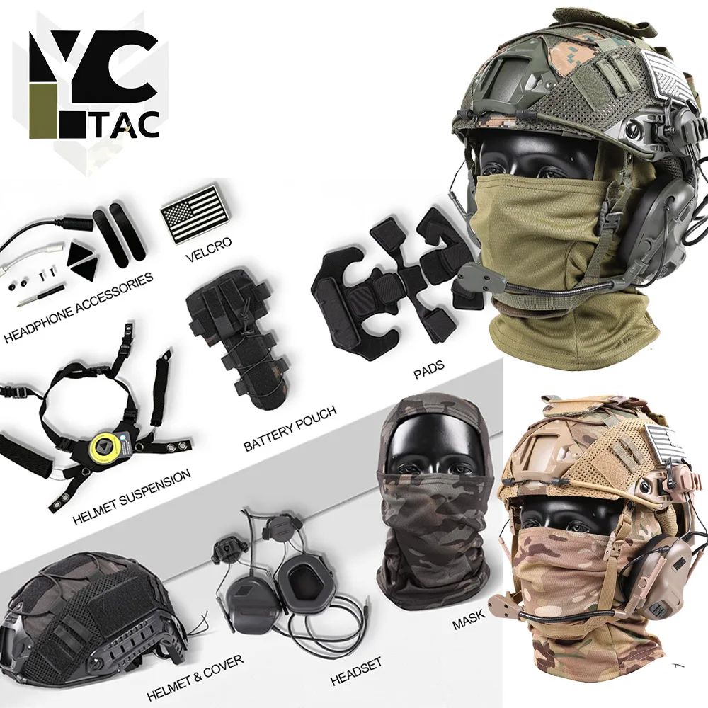 Тактический шлем YCTAC для страйкбола, комплект защитного боевого шлема FAST с чехлом и гарнитурой для пейнтбола и игр на открытом воздухе.