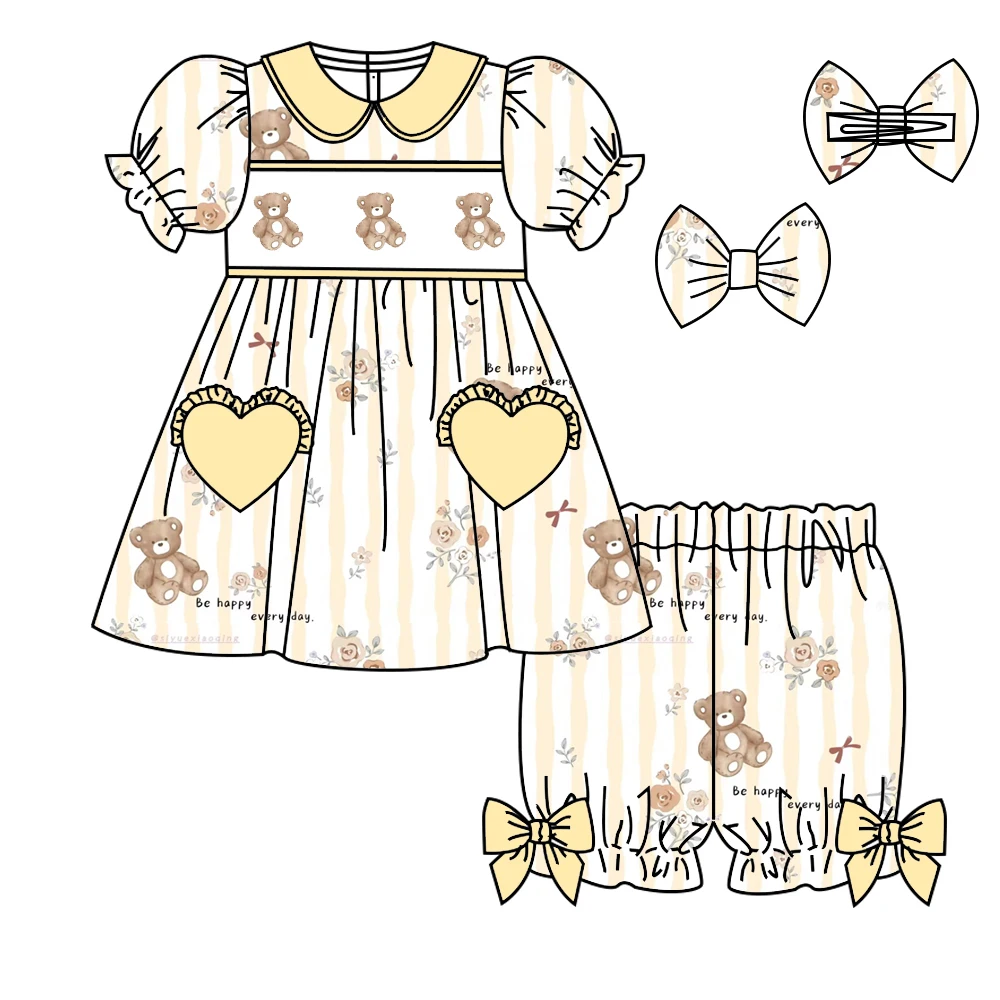 

Toddler boutique children's set short-sleeved elastic vertical pattern bear flower print shorts elastic girl boy shorts pajama