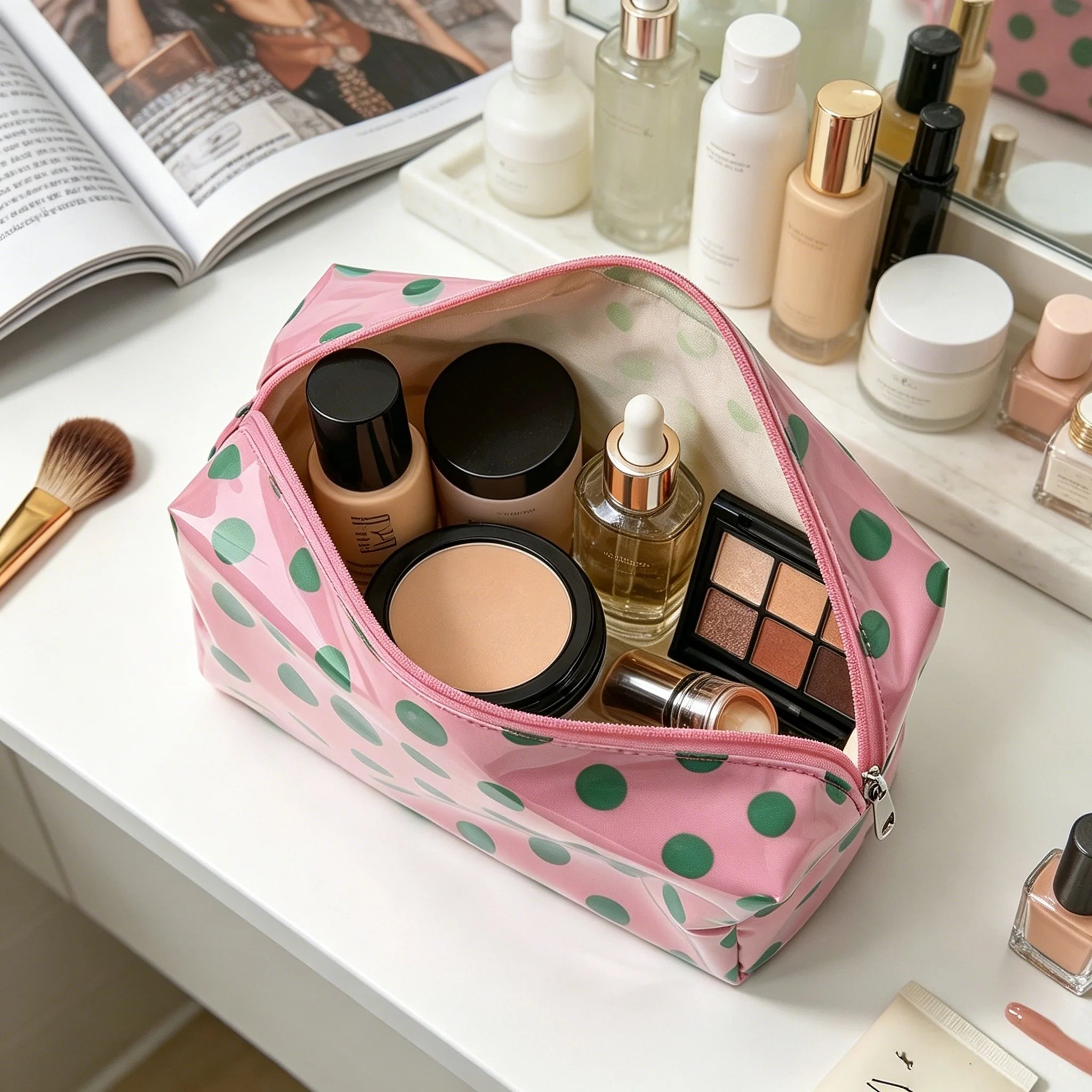Solid Color Polka Dot Makeup Bag, Durable PVC, Travel Storage Bag, Toiletries Bag, Lightweight and Portable for Daily Commuting