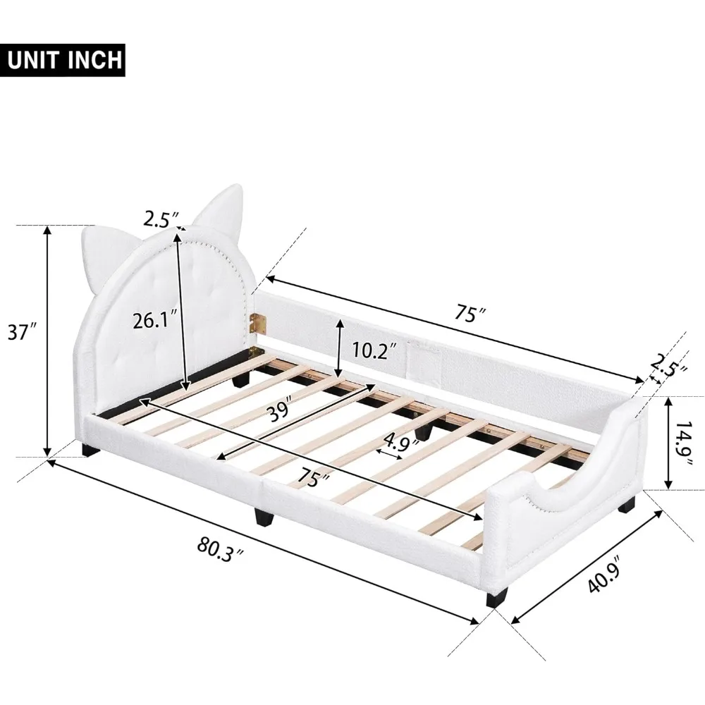 Twin Daybed with Headboard and Footboard, Velvet Kids Daybed Twin Size, Twin Daybed with Rabbit Ears Headboard