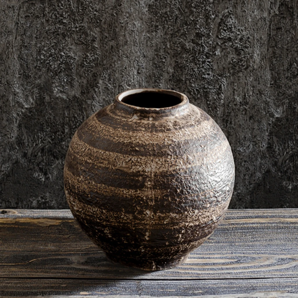 Jingdezhen Wabi-Sabi Zen Style Rustic Matt Eco-friendly Coarse Pottery Ceramic Jar Handmade Wedding Tabletop Vase Retro