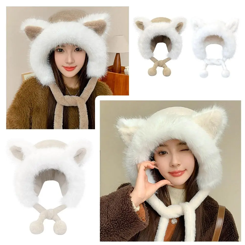 Cute cat Ear Plush Hat women's New Autumn Winter Thick Face Ear Knitted Warm Furry Hat Hat Show Small Protection C2F7