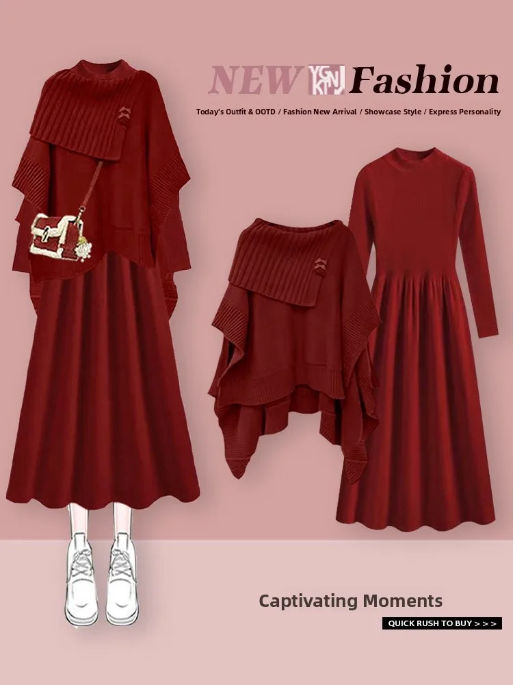 

Winter New Year Aosphere Sensation Women's Faion Set Coat Unusual Sweater Waist-Cinching Dr Long Sve round Ne
