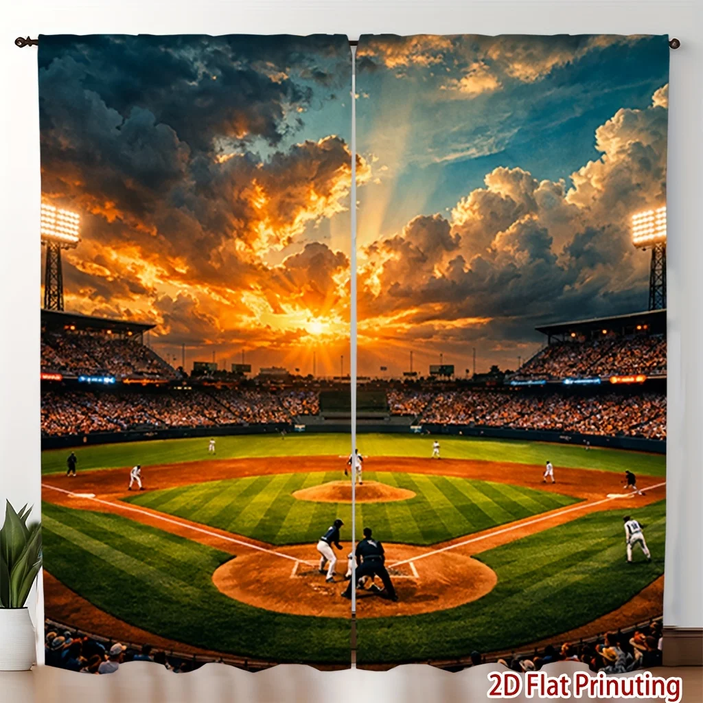 Baseball Stadium Sunset Curtain, Sports Field Print Drape, Game Day Atmosphere Window Treatment, Green Grass Decor, Man Cave