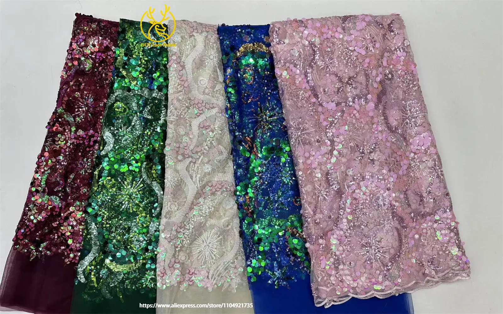 Hochwertiger afrikanischer nigerianischer bunter Pailletten-Stickerei-Spitzenstoff, zartes Kleid, Nähen, Brautparty, Dinnerparty, Hochzeit – Detail 2