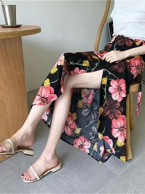 Summer Vacation Women's Beachside Floral Halter Wrap Skirt High Waist Printed Casual Standard Fit Midi Skirt Standard Version