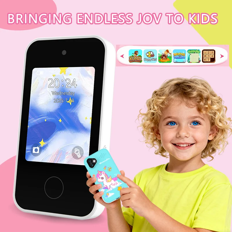 kids smartphone with dual cameras, kids' camera, 1080p video recording, educational games, torchlight and more – pony design