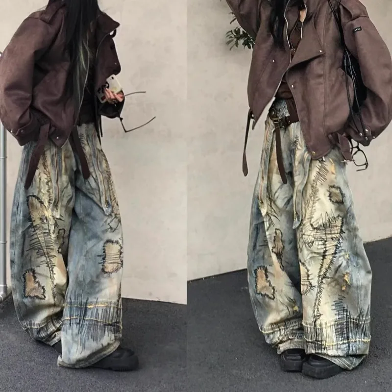 Y2k High Street Random Stitch Embroidery Stain Wide-leg Jeans Fashion Hip-hop Oversized Baggy Denim Pants for Men Streetwear