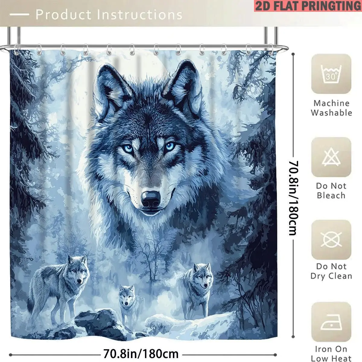 1pc/4pcs Shower Curtain and Bath Mat Set with Print Pattern Wolf In Snowy Forest with Blue Tones Non-Slip Bathroom Decor