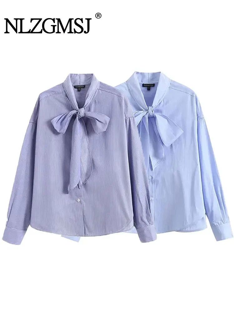 Nlzgmsj TRAF Elegant Women Striped Blouse Tops Office Ladies Casual Single-Breasted Bow Decoration Long Sleeve Shirts