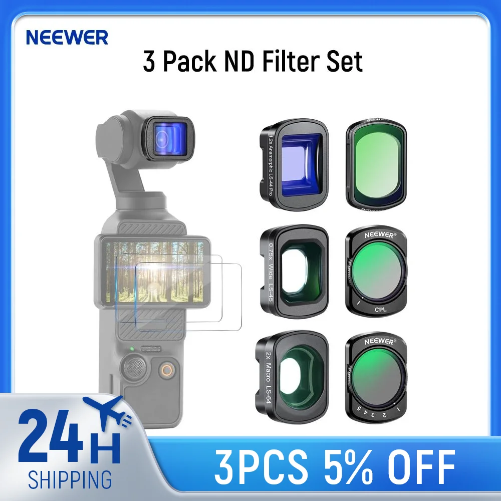 NEEWER 3 Pack ND Filter Set (Variable ND2-32, CPL, 1/4 Black Diffusion) & 0.75X Wide Angle Lens, 2X Macro Lens For DJI Pocket 3