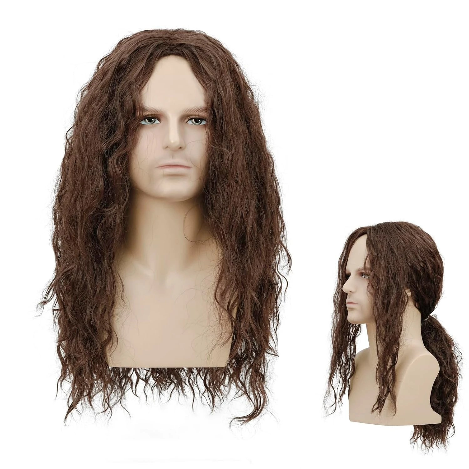 WHIMSICAL W Peluca larga y rizada marrón para hombre, estilo rock de los años 70 y 80, con raya en el medio, sintética, para cosplay, fiesta de Halloween