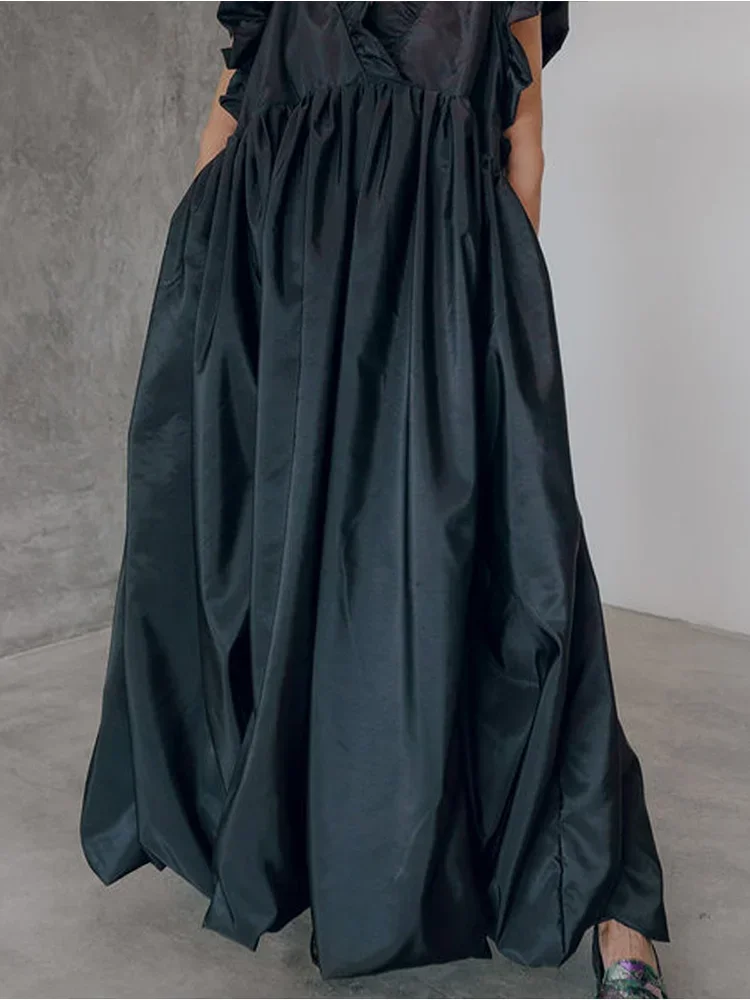 ผู้หญิงปาร์ตี้คลับชุดเดรสสีทึบแขนกุด Ruffle V คอหลวม Flowy Dress ฤดูร้อนชุดราตรียาว