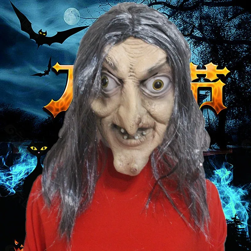 

Halloween Old Woman Ghost Witch Cosplay Face Mask Horror Scary Latex Long Hair Head for Carnival Party Performance Props