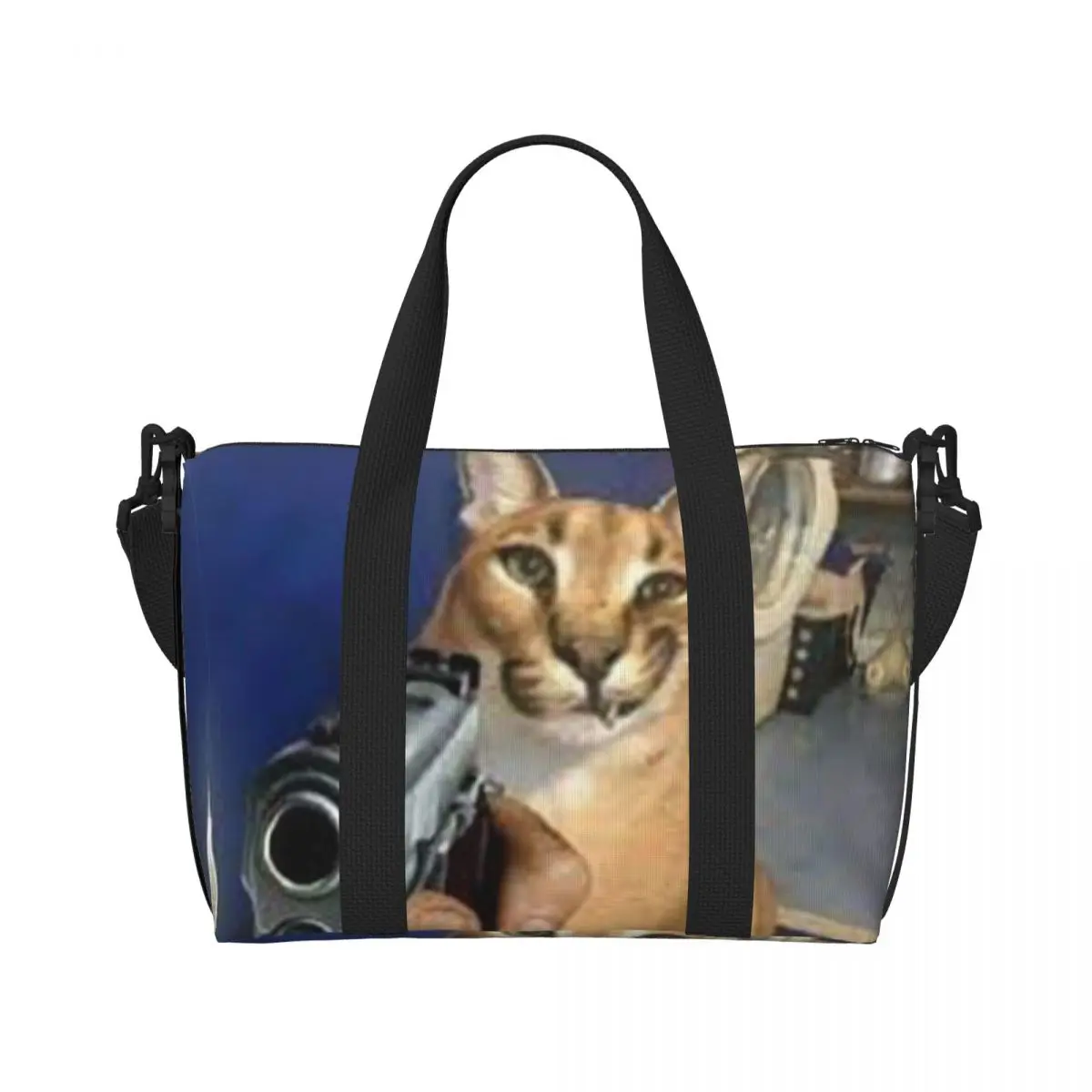 Custom Big Floppa Gangsta Cat Beach Tote Bag for Women Extra Large Gym Carry On Travel Shopping Bags