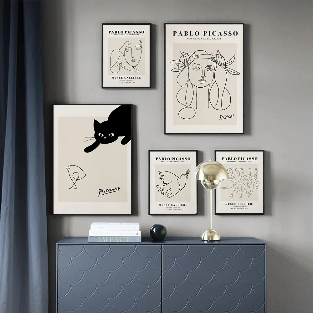 Black Cat Line Vintage Canvas Painting Pablo Picasso Exhibition Posters and Prints Modern Gallery Wall Art Pictures Home Decor