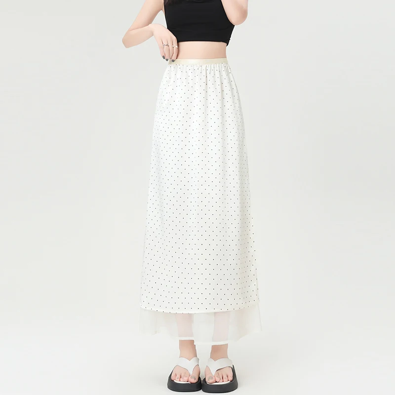 

Модная атласная женская юбка в горошек, повседневная сетчатая лоскутная длинная юбка с высокой талией, элегантная классическая офисная женская юбка с разрезом, летняя