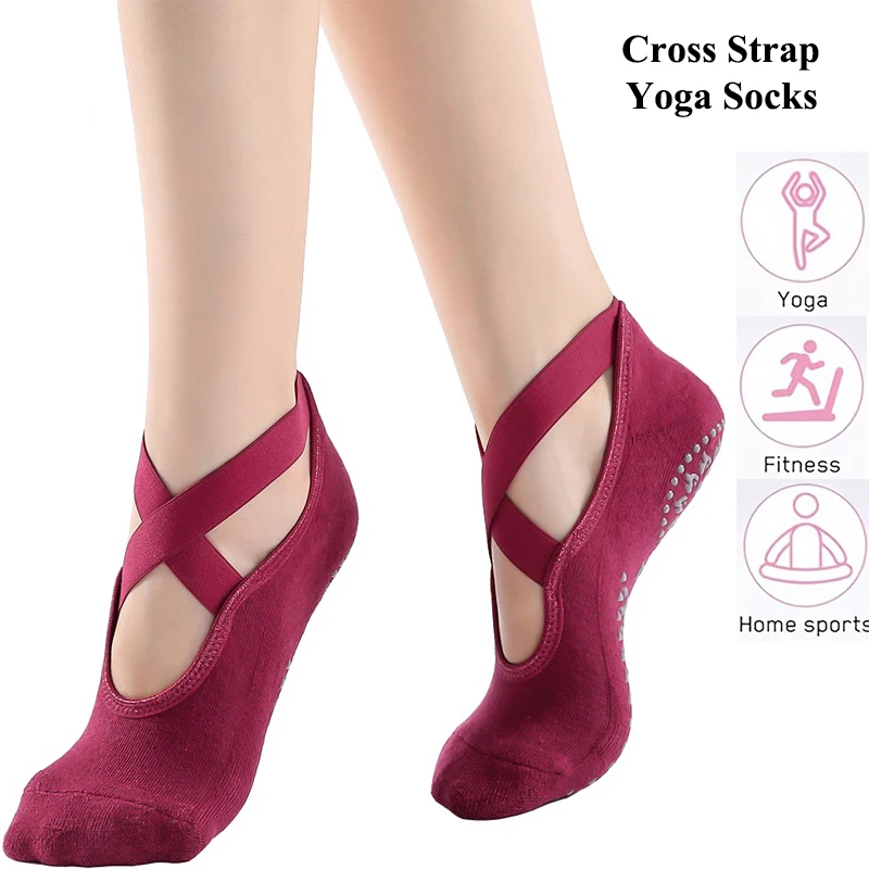 Cross Strapping Yoga Socks Non-Slip Sports Socks with Silicone for Indoor Fitness Dance Beginner Pilates
