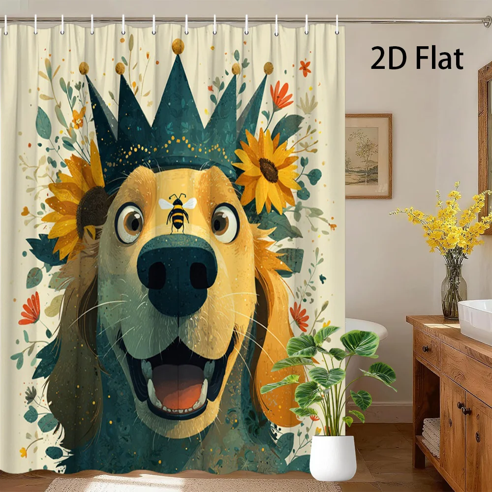 Funny Dog King Floral Crown Shower Curtain Bathroom Decor Cute Golden Retriever Pet Shower Curtain