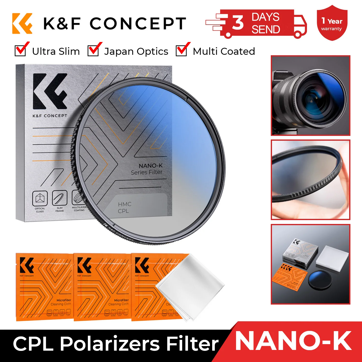 K&F Concept CPL Camera Lens Filter Ultra Slim Optics Multi Coated Circular Polarizer 37mm 39mm 49mm 52mm 58mm 62mm 67mm 77mm