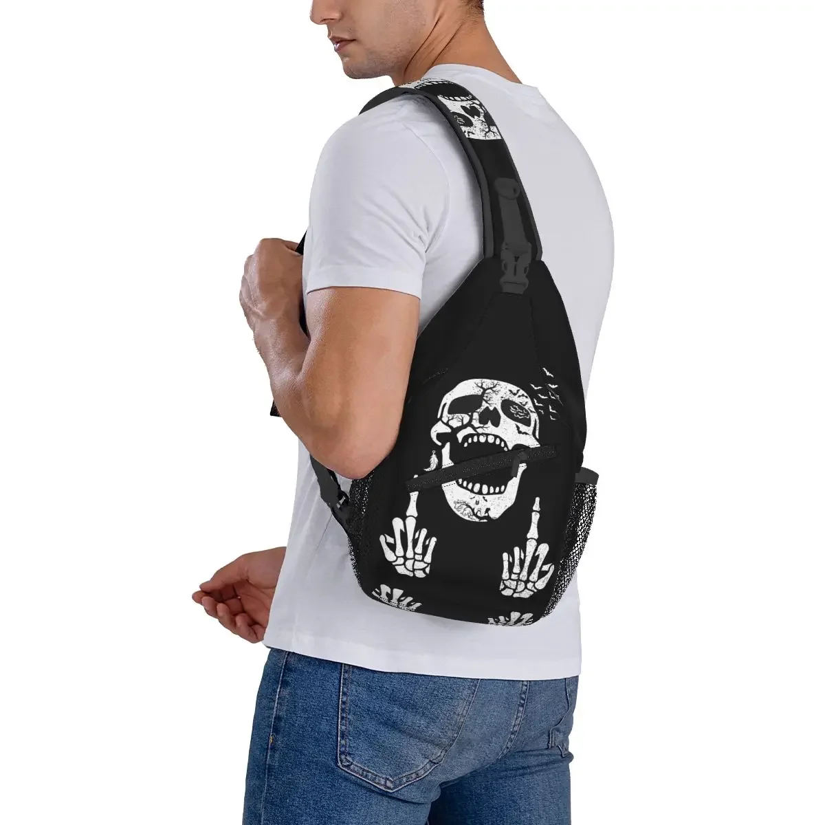 Skeleton Skull Hands Gestures Sling Bag Chest Crossbody Shoulder Backpack Outdoor Hiking Daypacks Cool Pack