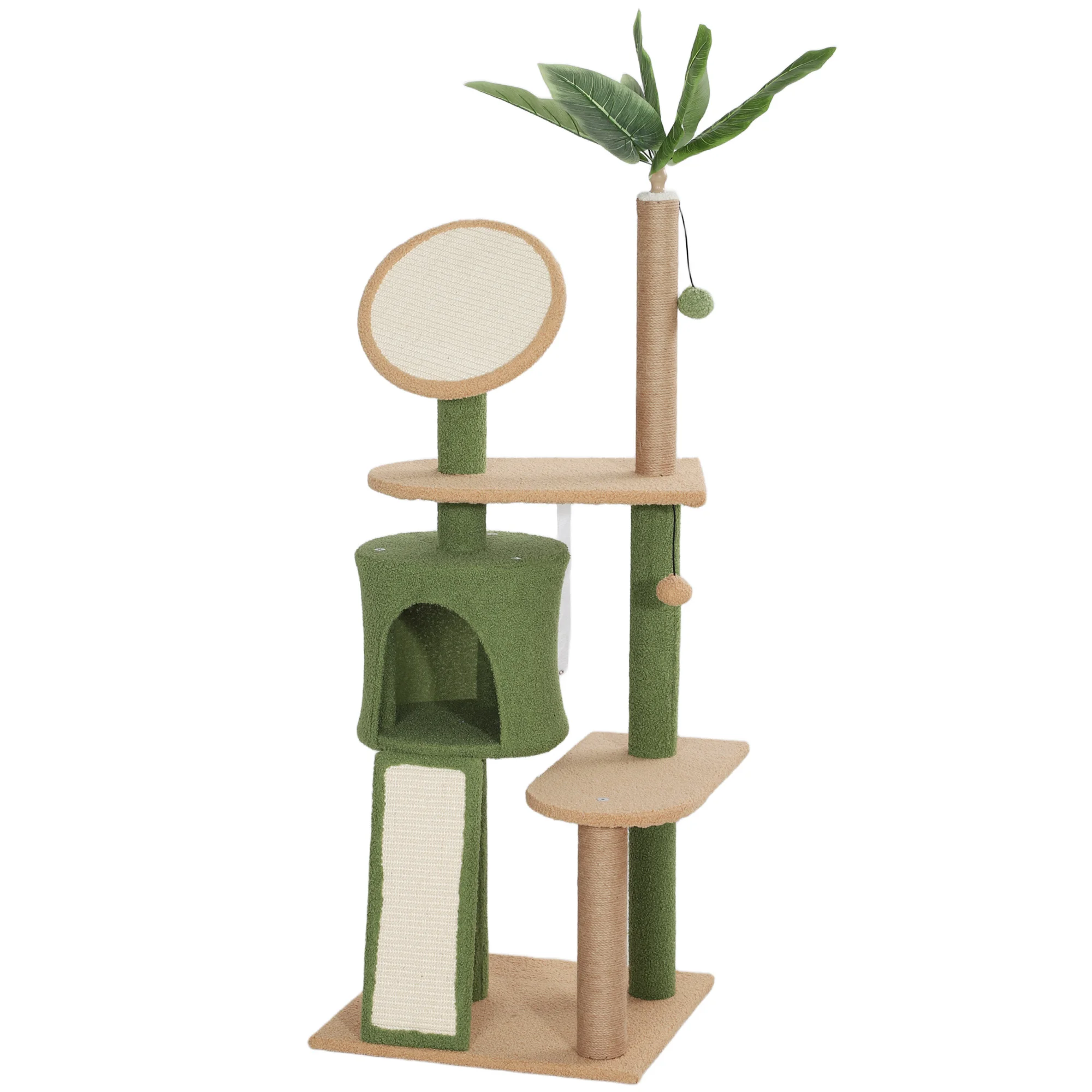 Arbre à chat de 139 cm avec lit pour chat, grotte pour chat, poteaux à gratter, plateformes d'escalade, rampe, tapis à gratter, jouets suspendus et feuilles artificielles, centre d'activités multi-niveaux pour 1 à 2 chats d'intérieur.