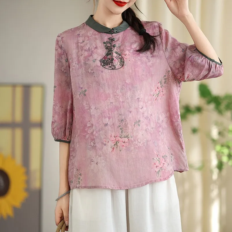 Chinese Style Casual Blouse Shirt Women New Arrival 2024 Summer Vintage Floral Print Loose Comfortable Female Tops Shirts B3863