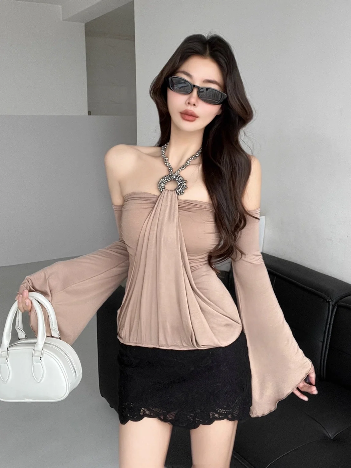 Spódnica Ele Vintage Lace, wysoki stan, elegancka, seksowna, zdobiona diamentami, do pracy, na co dzień, Ocn