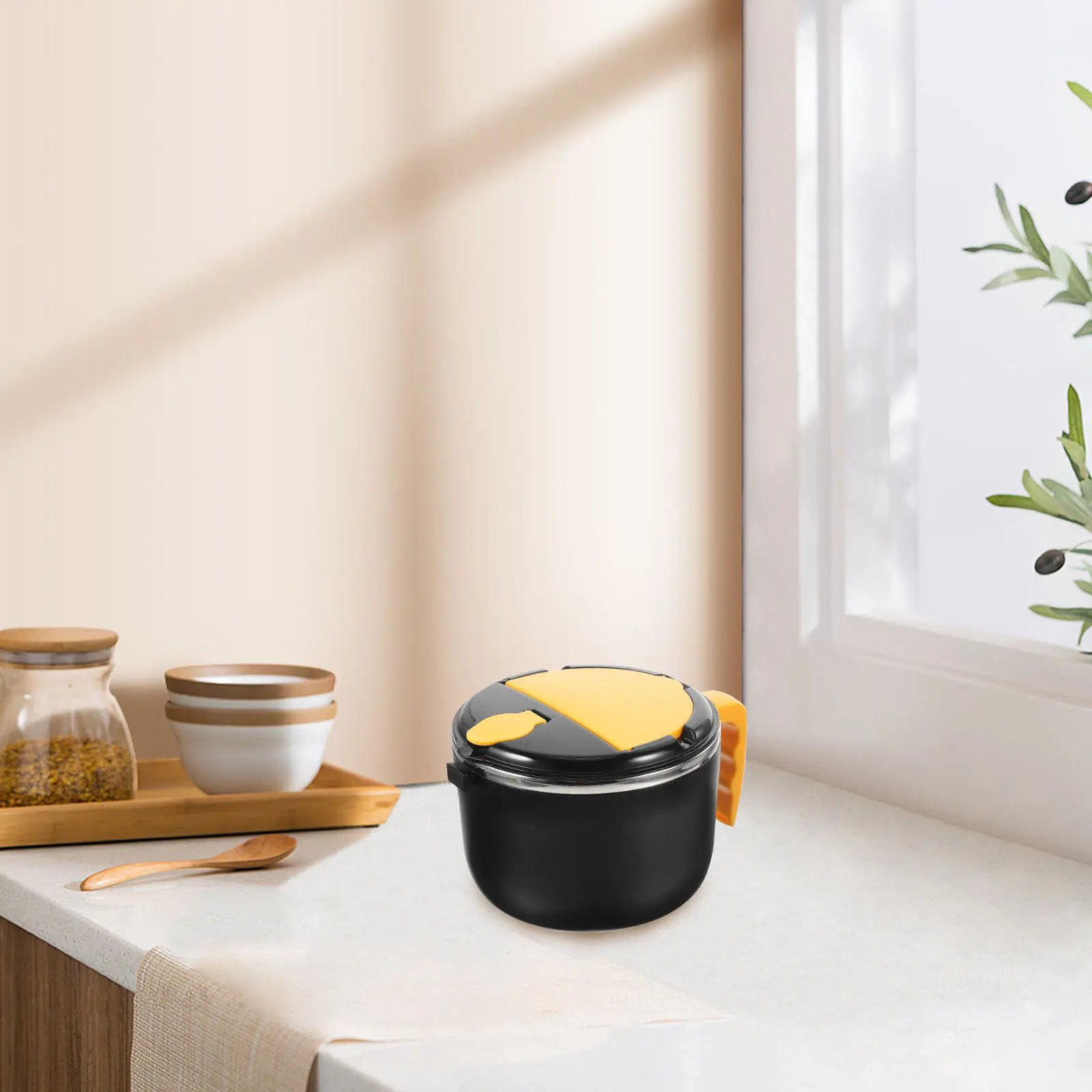 Juego de 1 Tazón para Fideos de Acero Inoxidable con Tapa, Aislado, Antiescaldaduras, para Servir Sopa de Fideos Instantáneos