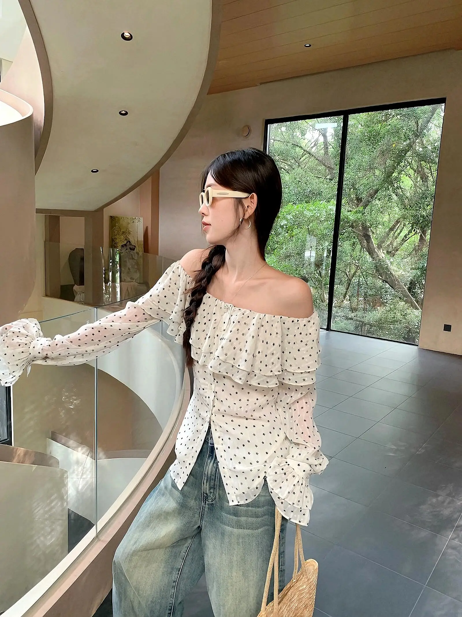 

Polka Dot One oulder Slim Fit irt Women's Early Spring Design Lantern Sve Floral Waist Cinching Top