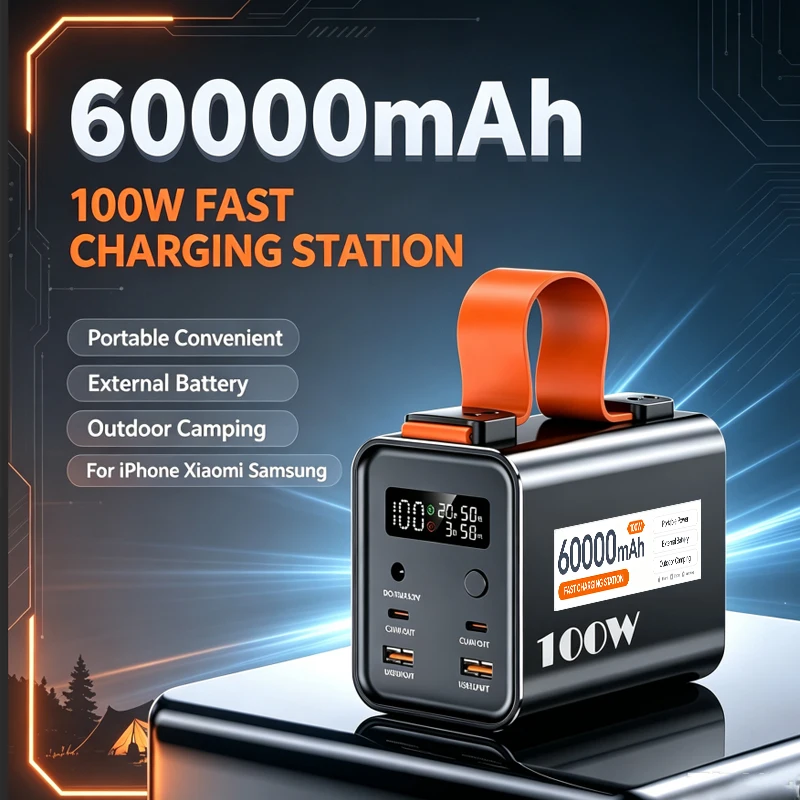 100W 60000mAh Portable Convenient Fast Charging Station Power Bank External Battery Outdoor Camping Energy IPhone Xiaomi Samsung