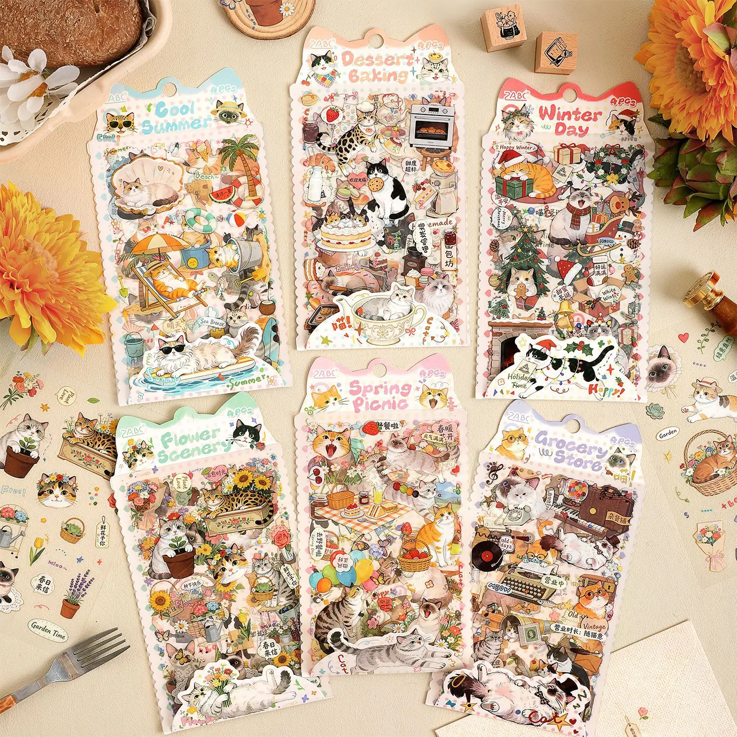 Cute Cat Picnic Flower Cake Landscape PET Sticker Creative DIY Journal Material Collage Scrapbooking Stationery