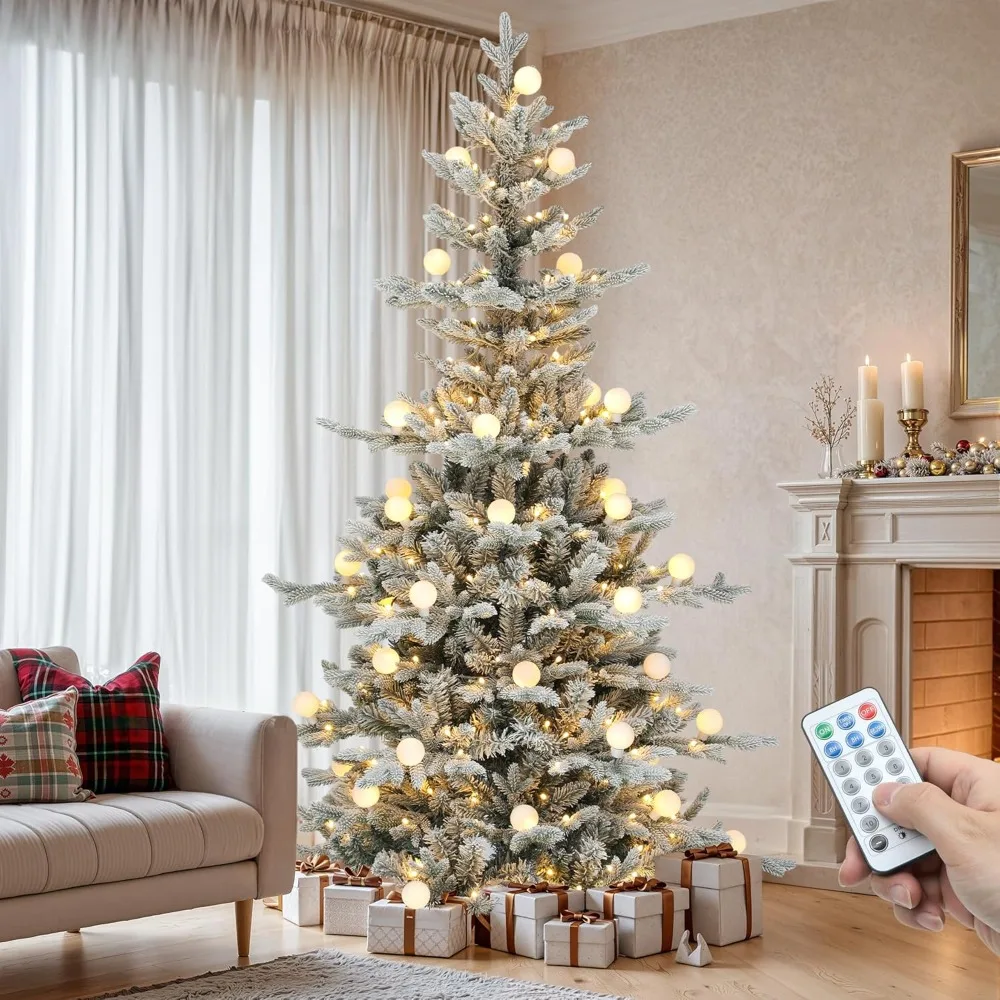 

7.5ft Pre-lit Flocked Layered Christmas Tree With Remote, Hinged Flocked Christmas Tree W/ 1734 Pe & Pvc Mixed Tips, 350 Warmwh