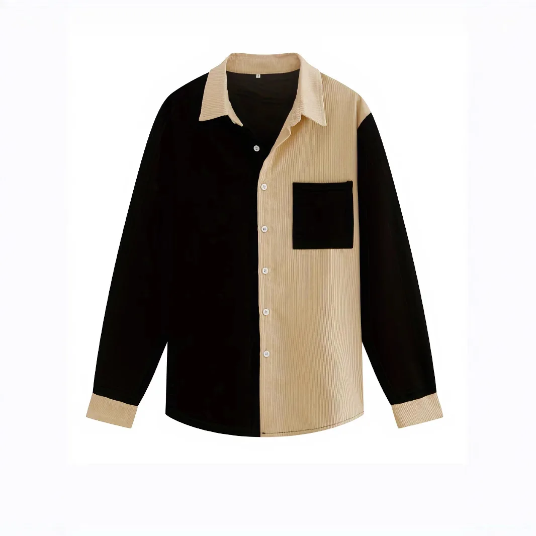 2026 Spring Men's Casual Shirt Corduroy Color Matching Lapel Pocket Men's Shirt