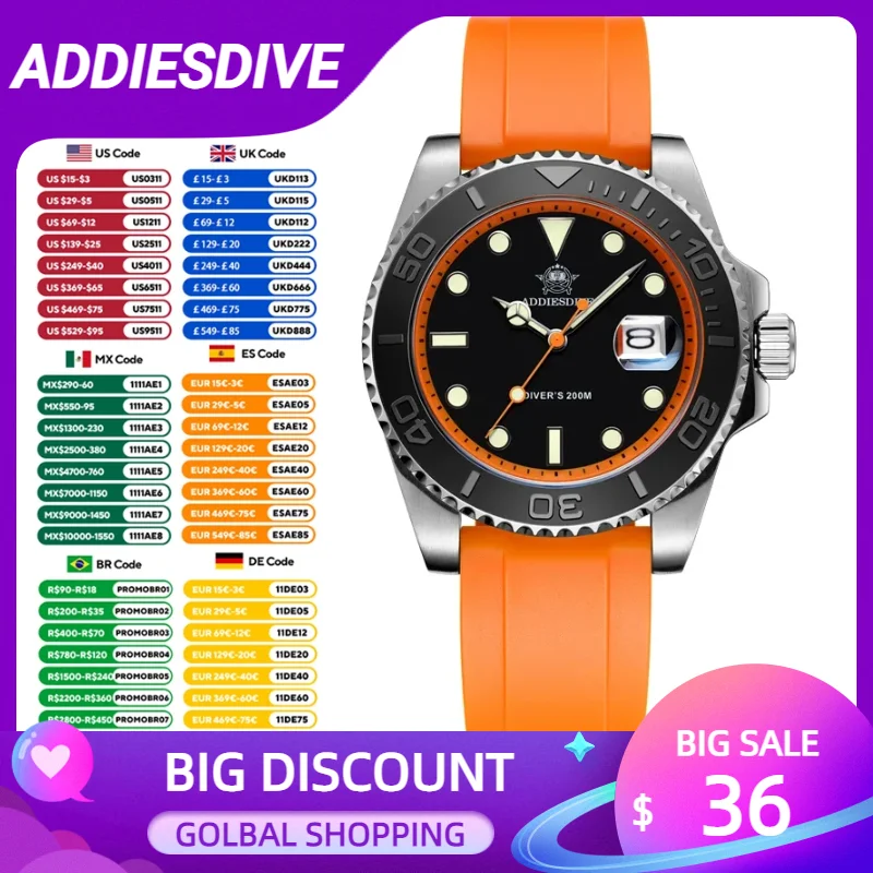 Addiesdive المطاط سيليكون ساعة كوارتز موضة AD2040 200 متر الغوص التقويم عرض الساعات سوبر مضيئة ساعة اليد Reloj Hombre