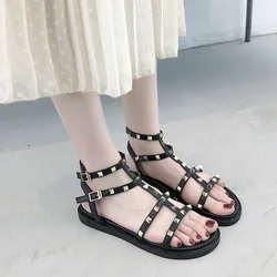 Women's Rivet Sandals 2022 Summer New Fairy Wind Net Red Ins Tide Flat Bottom 0pen Toe Roman Shoes