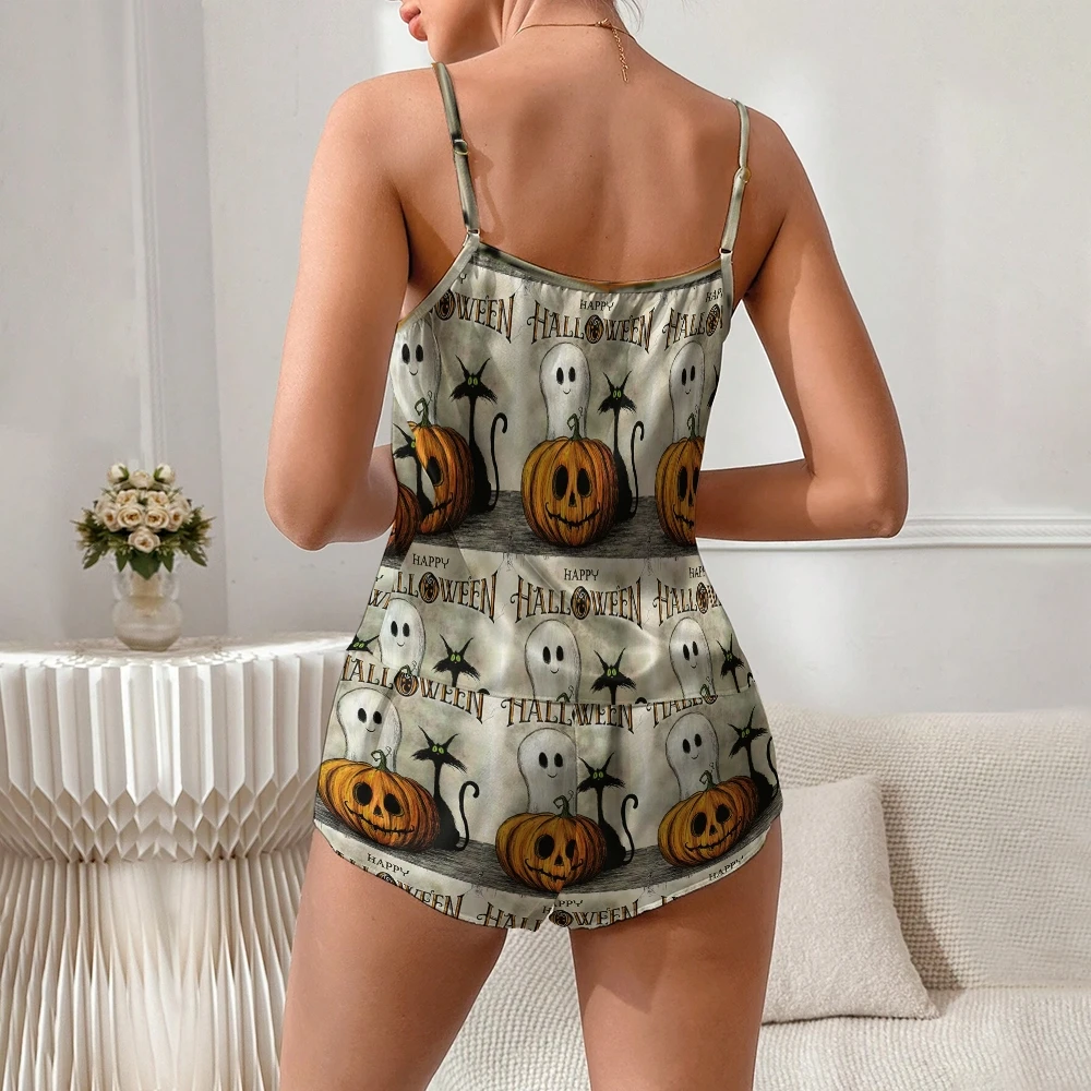 Ghost Pumpkin Black Cat Graffiti Print Pajama Set Happy Halloween Women's Chic Outfit Party Chiffon Leisure Wear Home Clothes