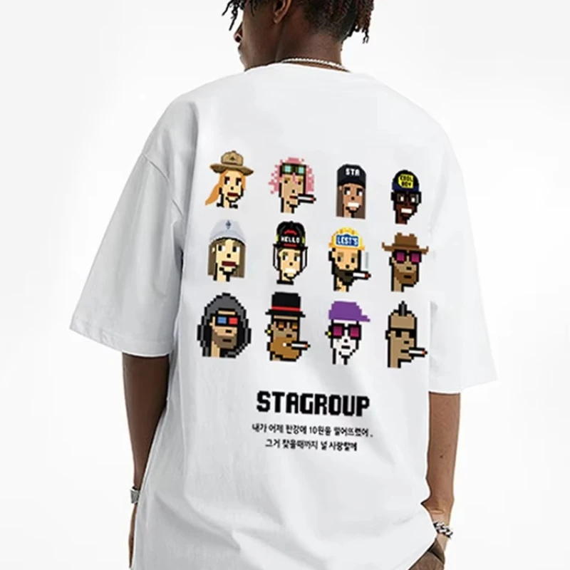 

Motorcycle 2025 Men's Tide Mosaic Doll Printed Short Sleeve T-Shirt Men's American Loose Casual Half Sleeve Bottom Shirt