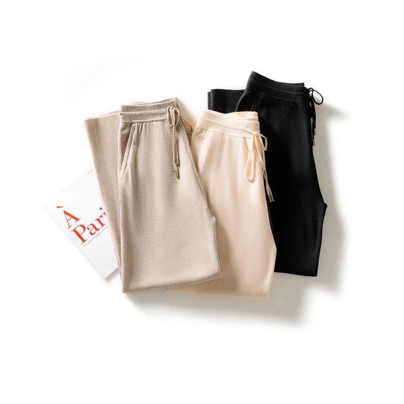 100% wool autumn and winter new women's wide-leg pants thickened loose elastic waist solid color knitted warm casual pants.